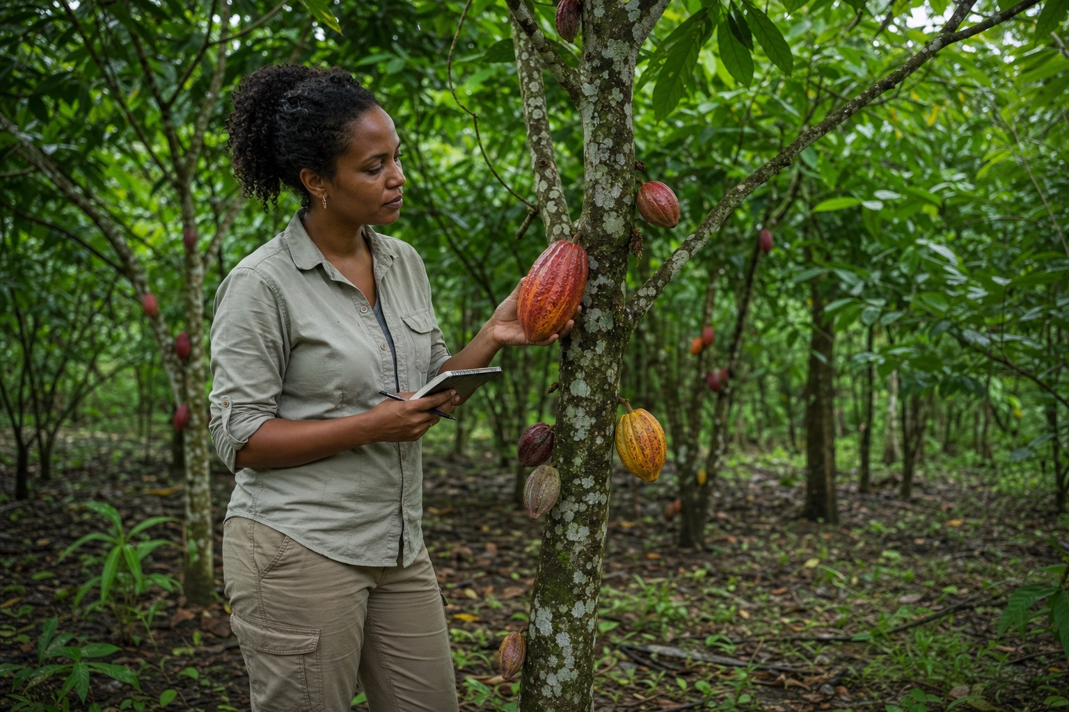 Adult agronomist examining a ripe cacao pod and recording field observations