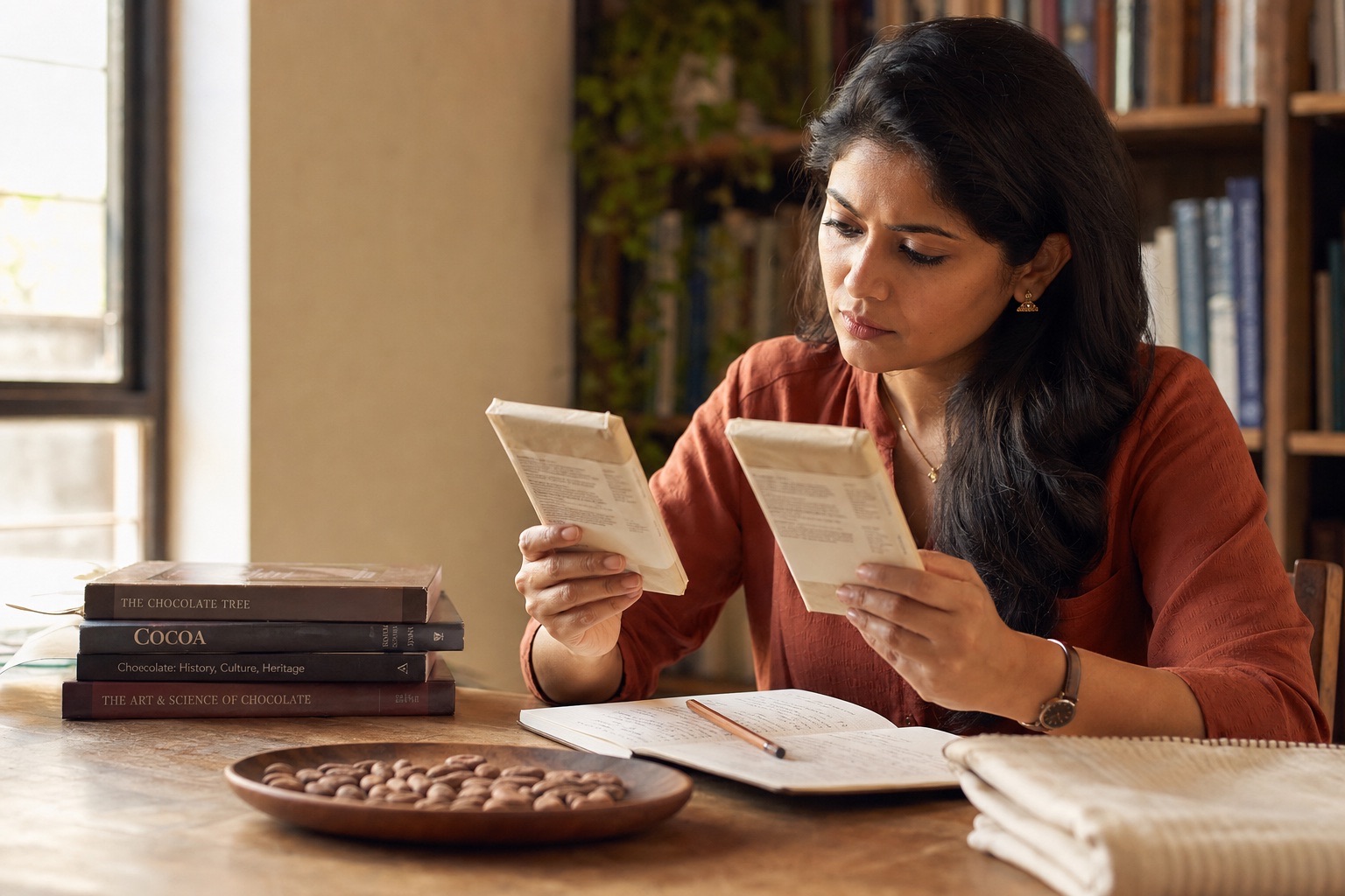 Adult South Asian food researcher comparing two chocolate ingredient labels and making notes