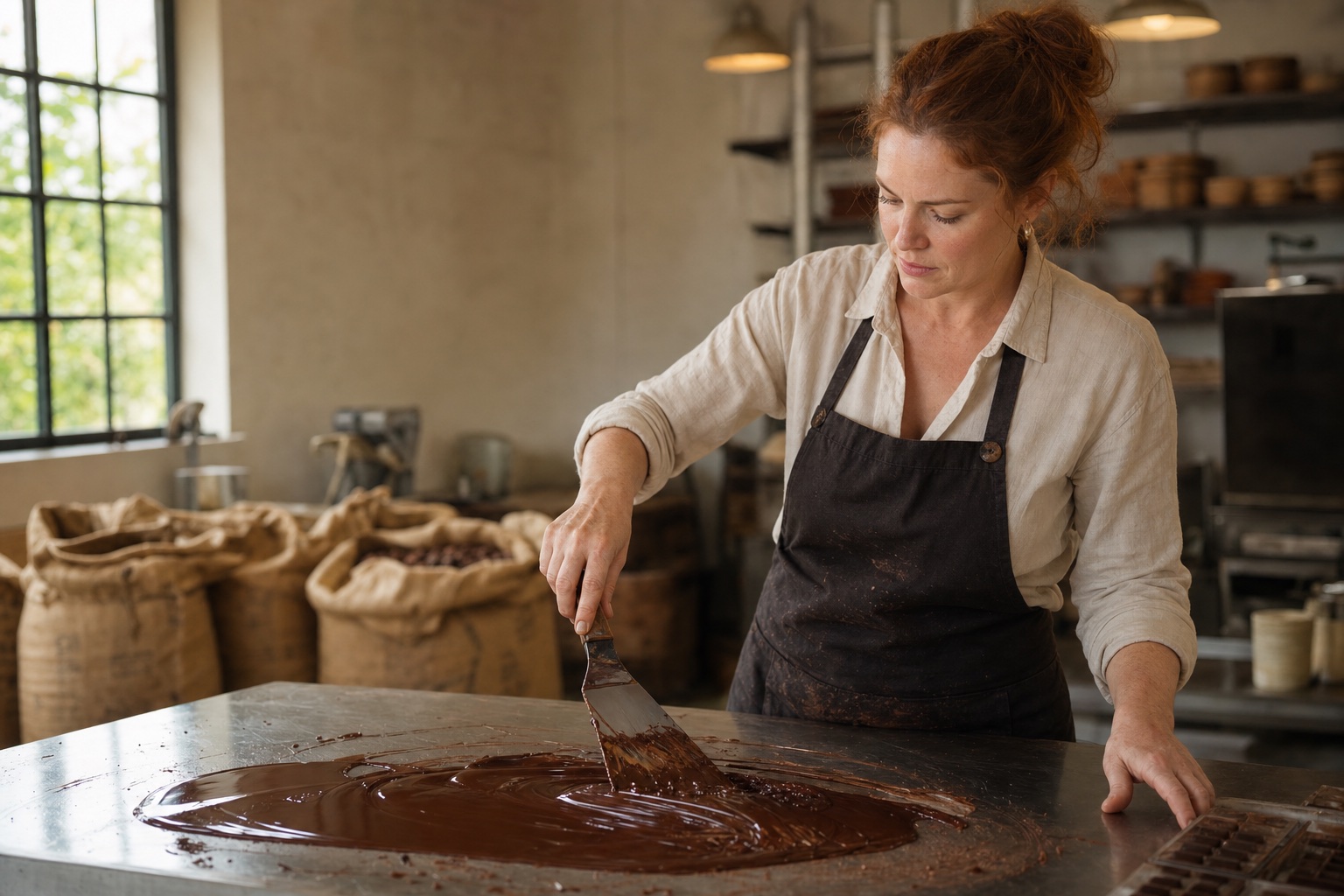 Adult chocolate maker spreading glossy chocolate across a tempering table