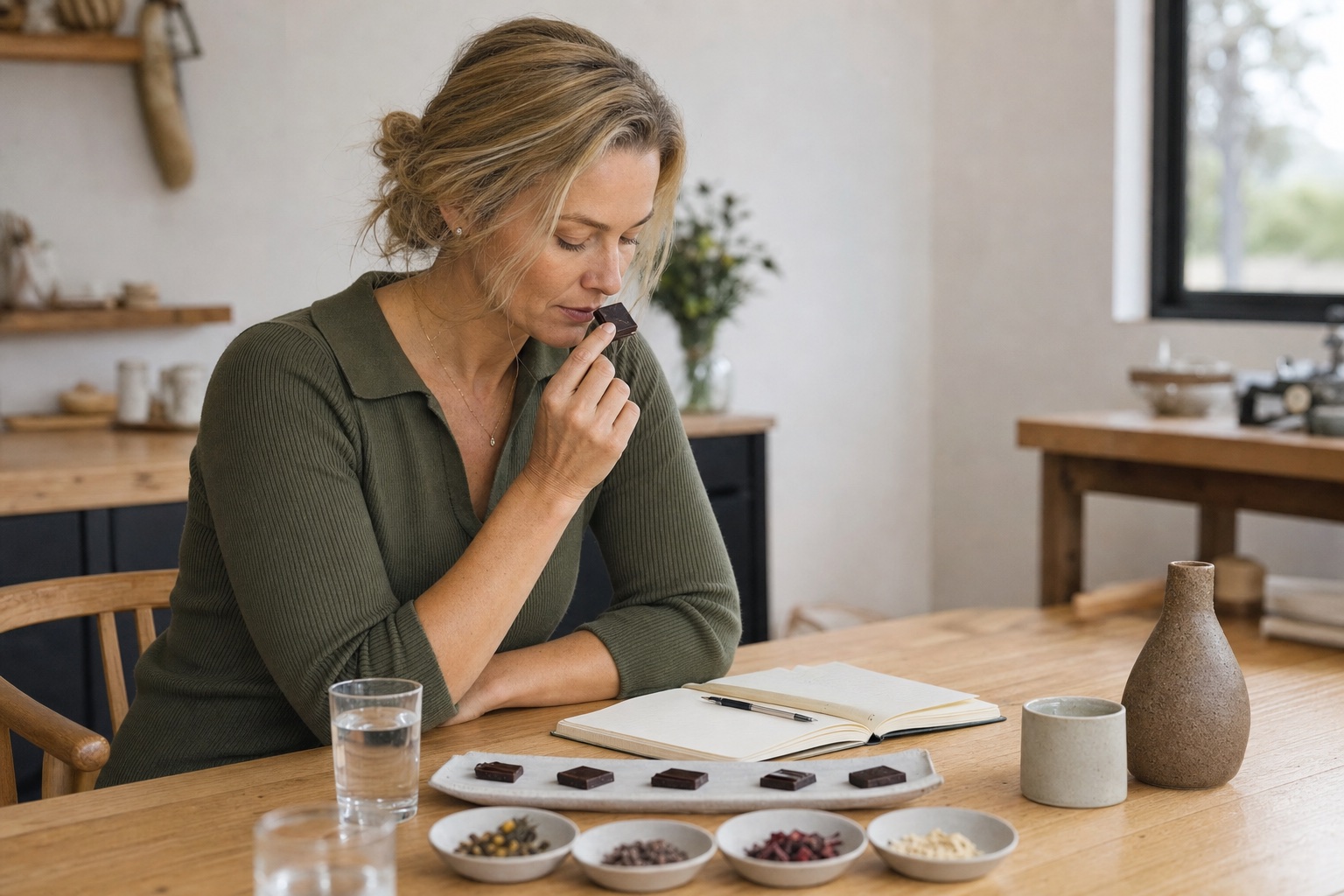 Adult sensory educator smelling chocolate beside a tasting flight