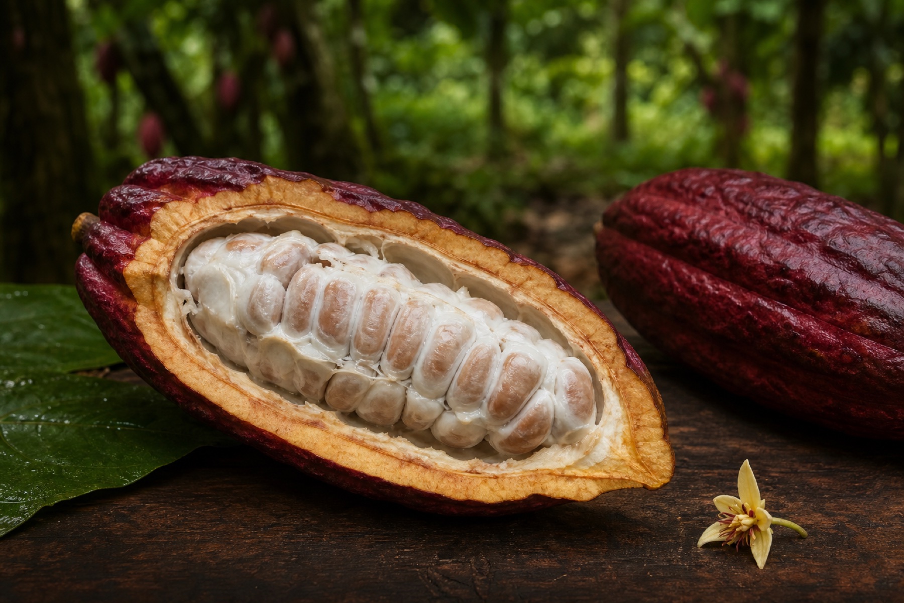 A ripe cacao pod cut open to show its rind, pulp, and seeds