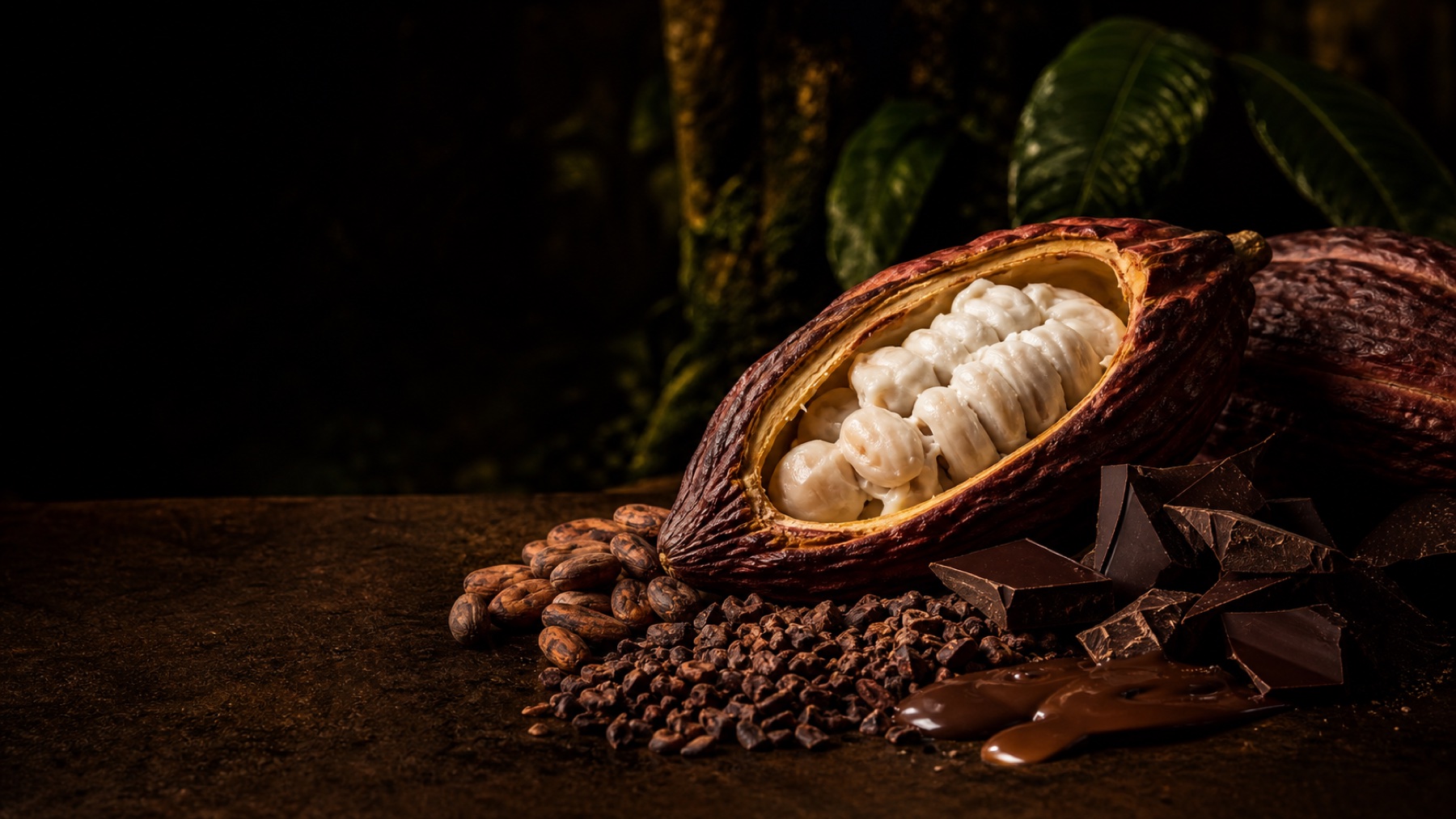 An opened cacao pod, cacao beans, nibs and dark chocolate in warm museum-like light