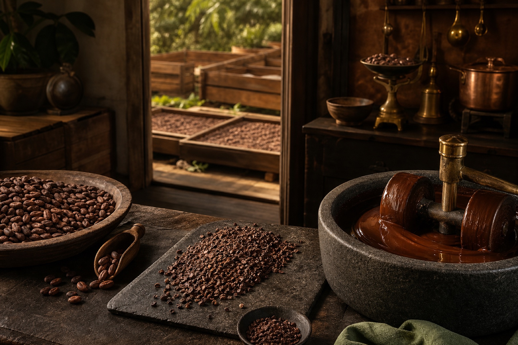 Cacao beans, nibs, and liquid chocolate arranged through an artisanal workshop