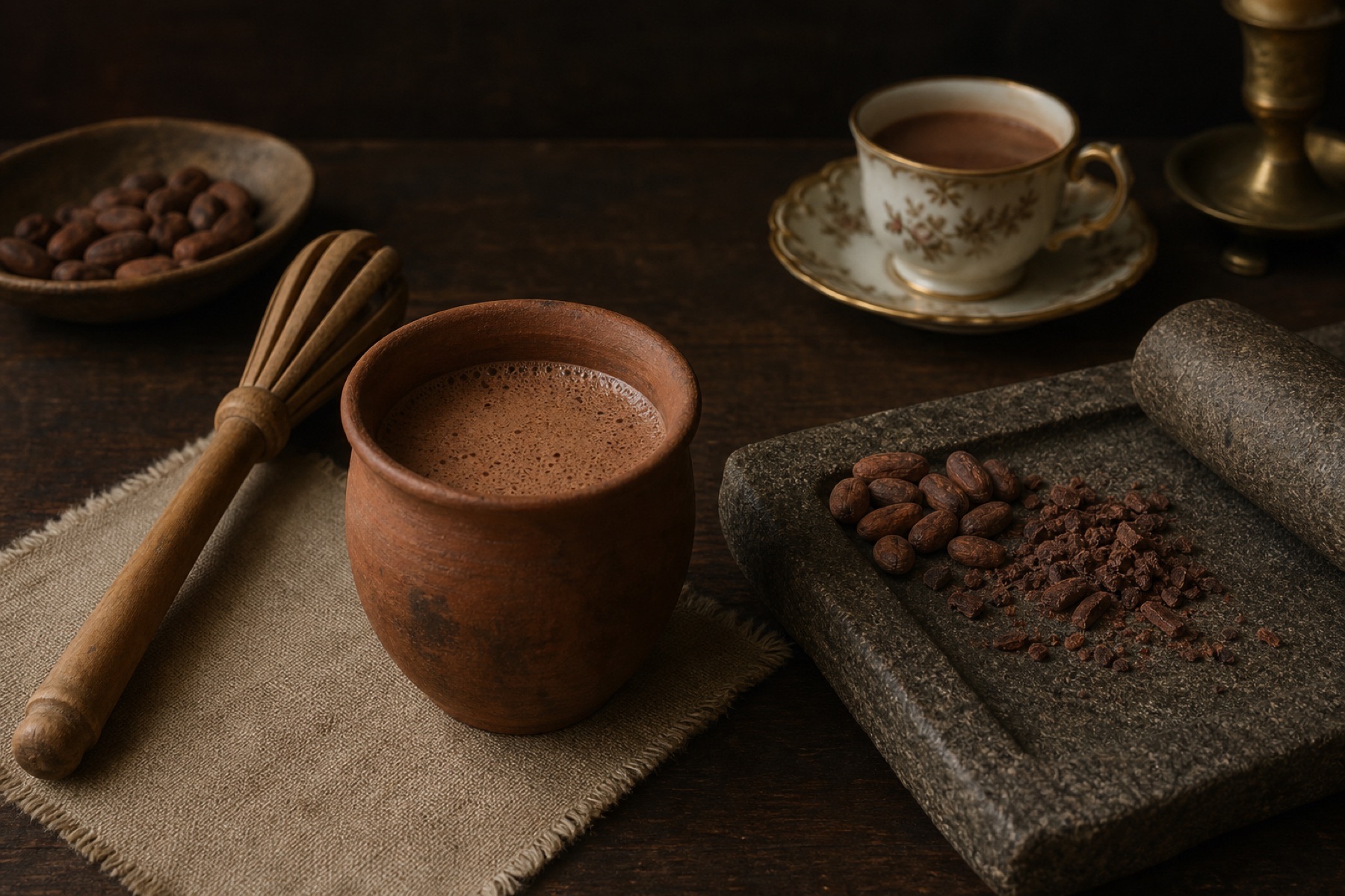Historically inspired cacao drink vessels with ground cacao and spices