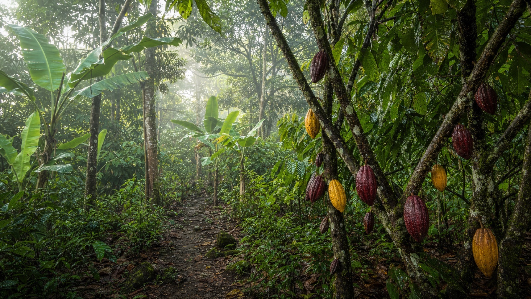 Cacao pods growing beneath a layered tropical canopy