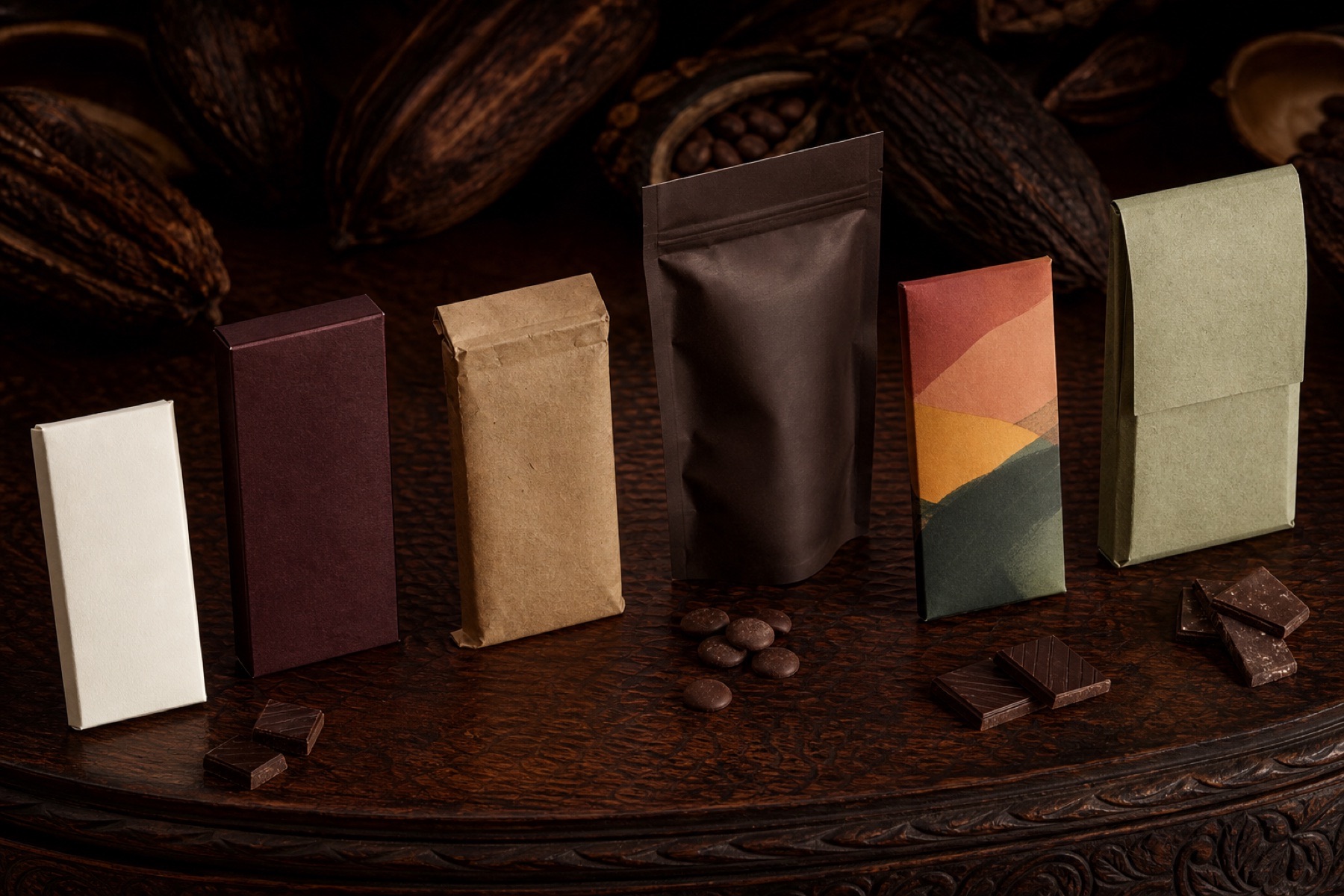 A range of unbranded chocolate packaging formats on a dark editorial table