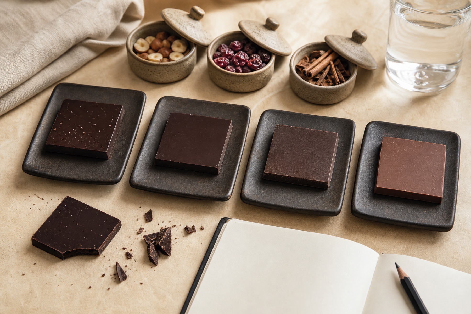 Dark, milk and white chocolate pieces arranged as a tasting flight on a dark table