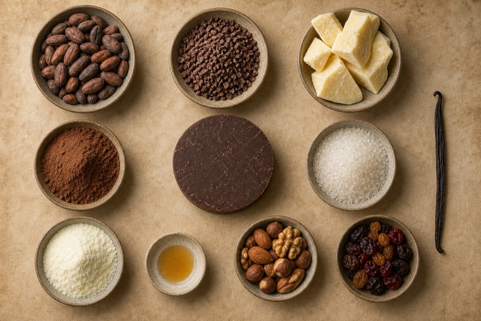 Cocoa mass, cocoa butter, sugar, milk powder, vanilla and chocolate inclusions arranged separately on a warm work surface.