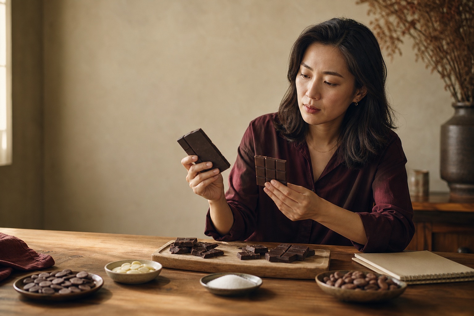 An adult chocolate taster compares two plain dark chocolate bars at a table set with cocoa mass, cocoa butter, sugar and cacao beans.