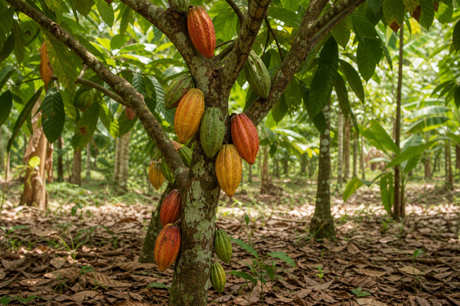 Ripe and unripe cacao pods growing directly from a shaded tree trunk