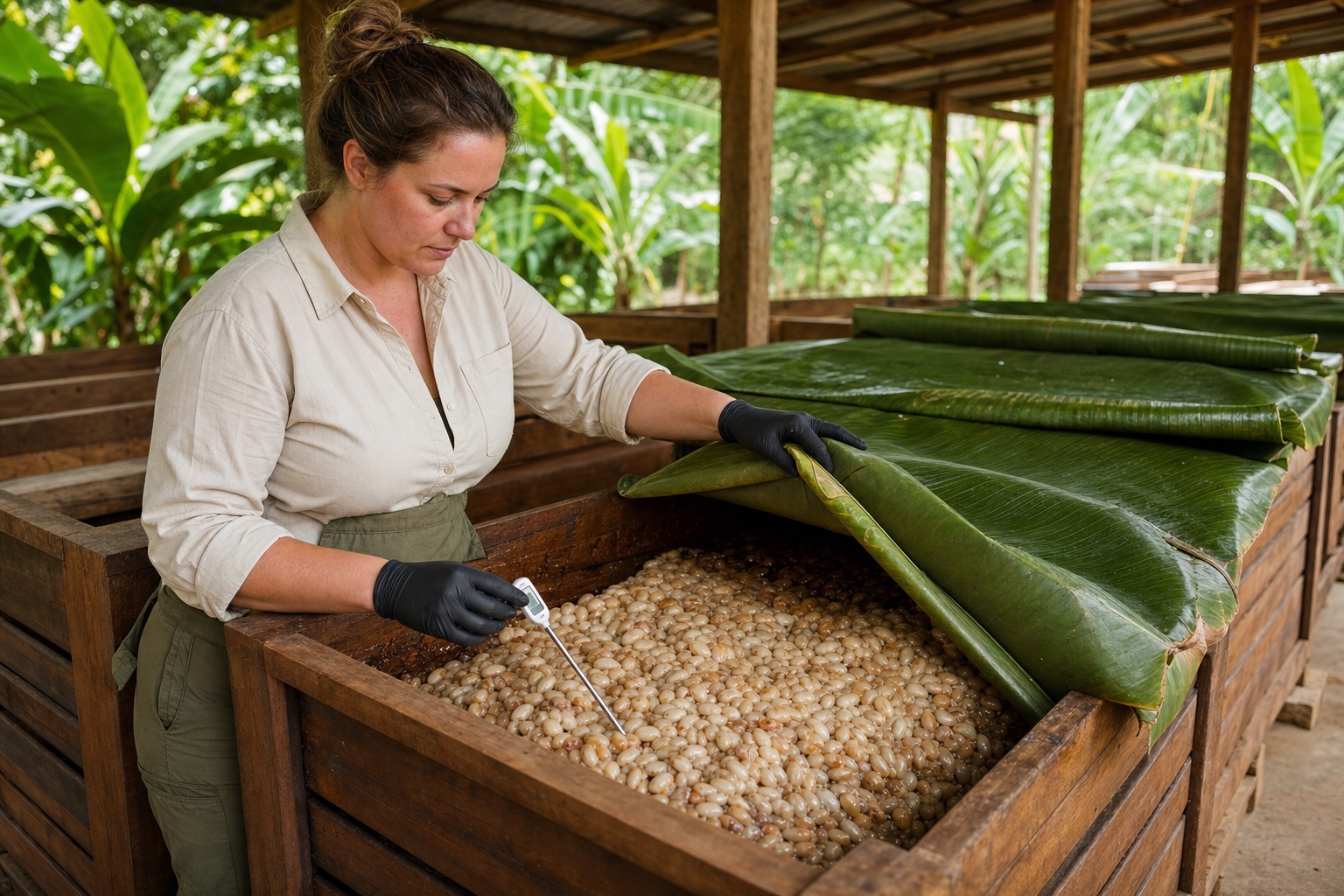 Adult white woman monitoring the temperature of pulp-covered cacao seeds in a drained wooden fermentation box