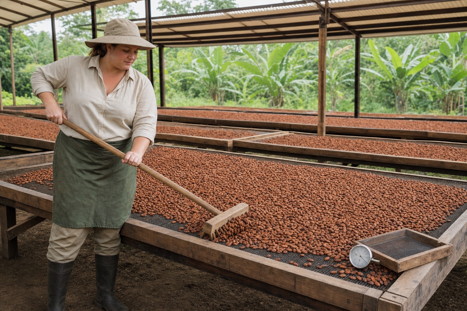 Adult white woman spreading fermented cacao beans into an even layer on a raised drying bed