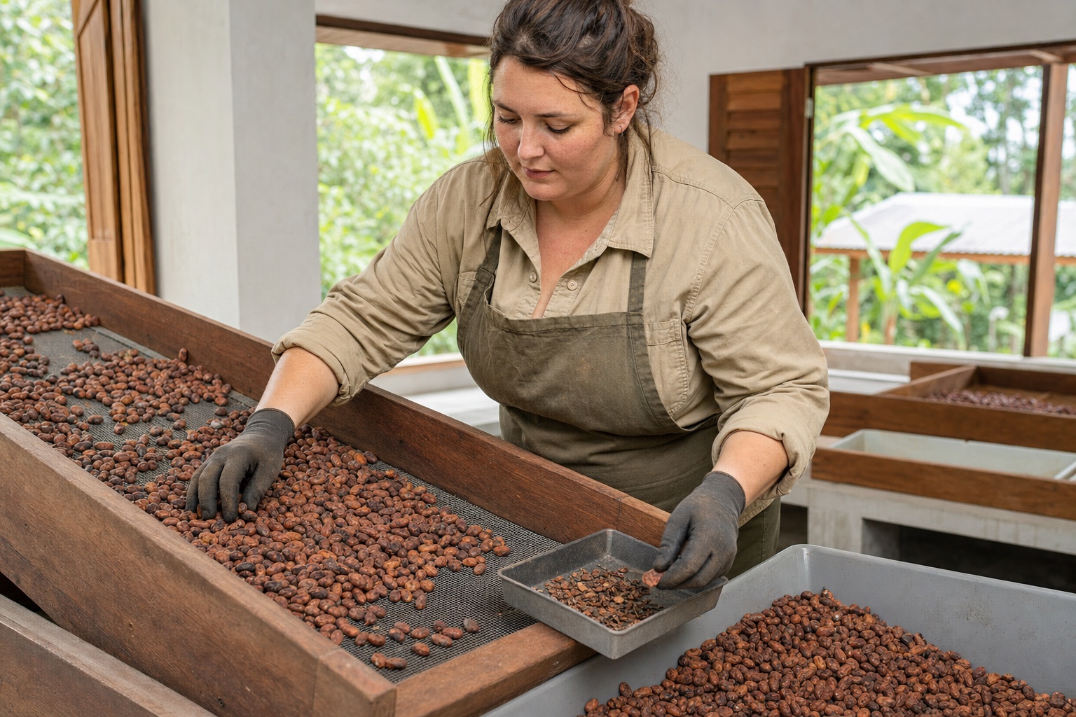 Adult white woman separating sound dried cacao beans from visibly defective beans