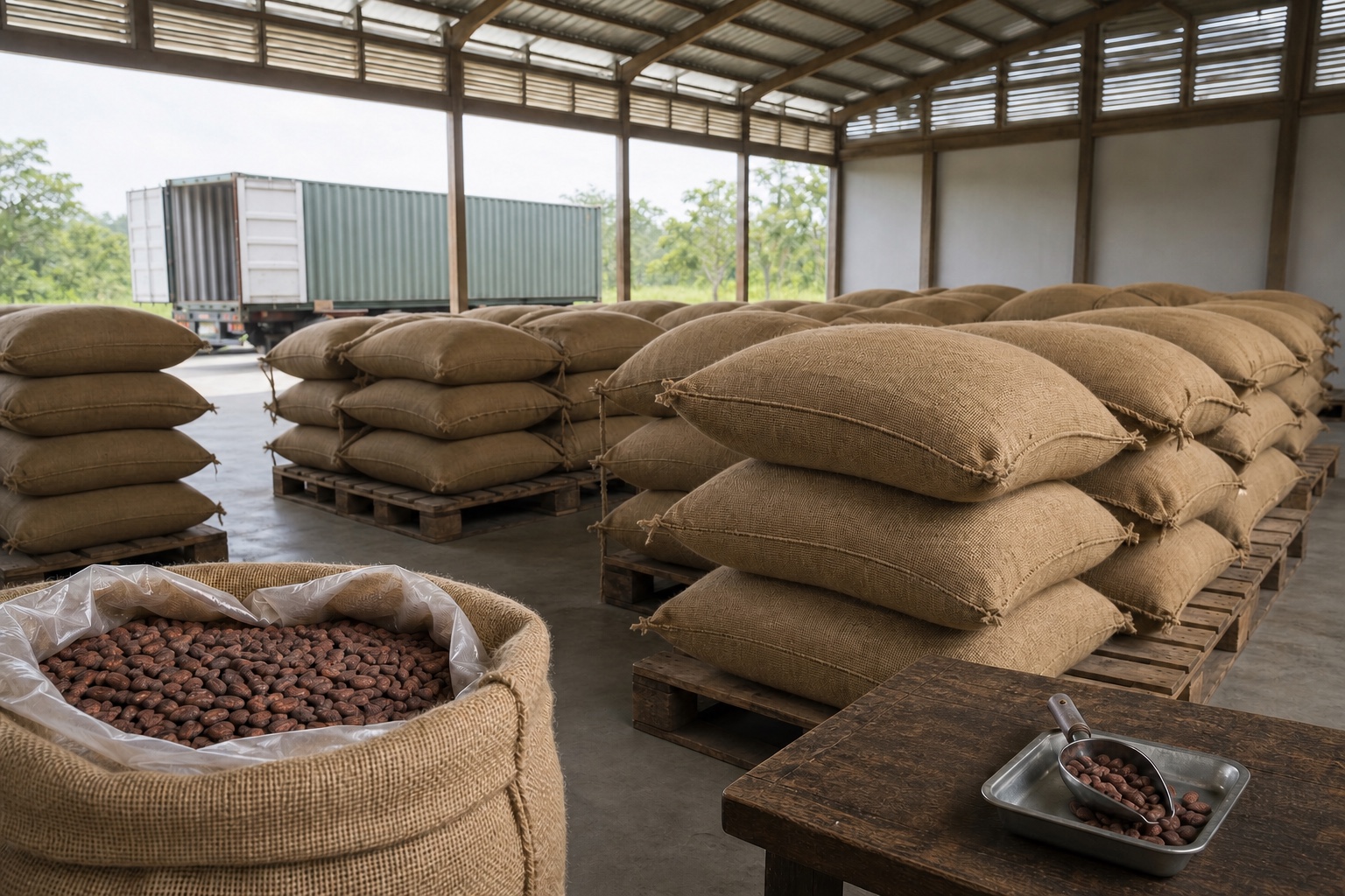 Cacao sacks stored on raised pallets in a clean ventilated warehouse