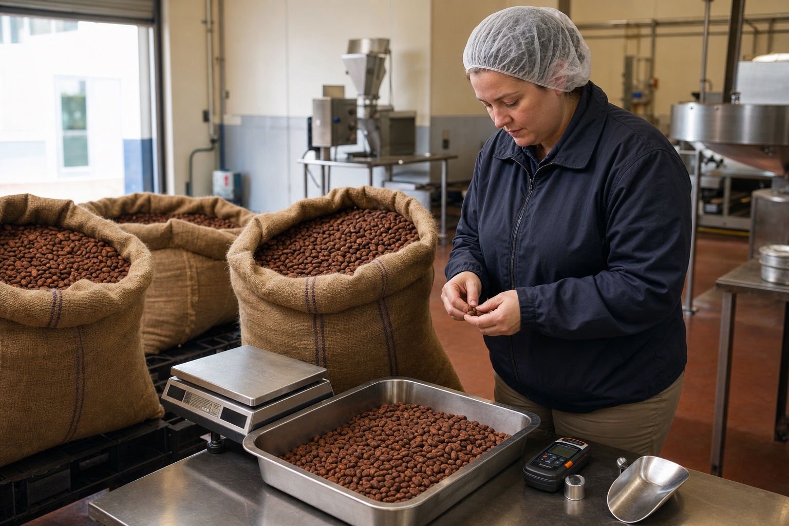 Adult white woman quality technician sampling dried cacao beans at factory intake