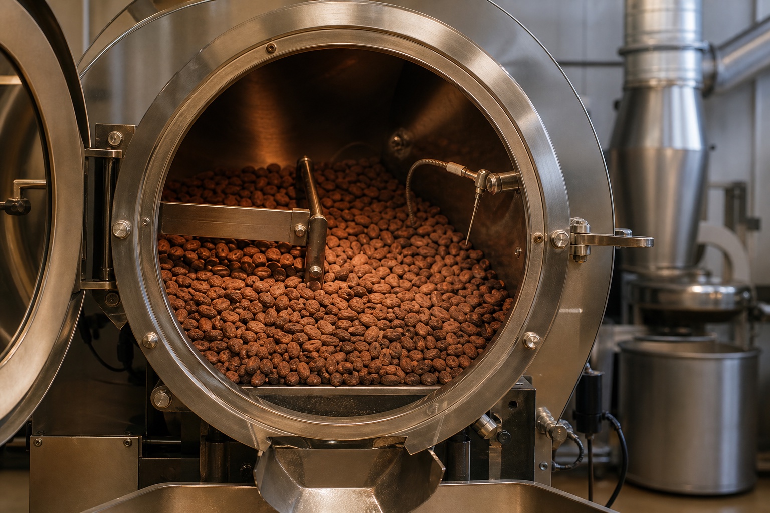 Whole cacao beans turning inside a temperature-monitored stainless drum roaster