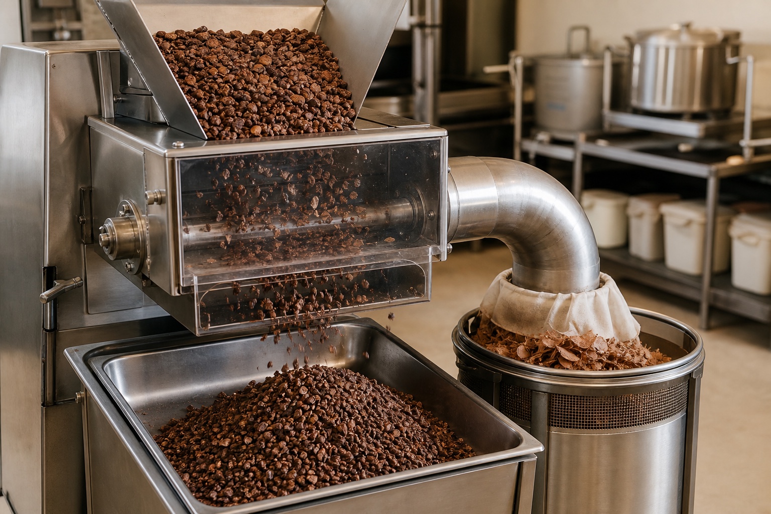 A cacao winnower separating dense nibs from lighter papery husk by airflow