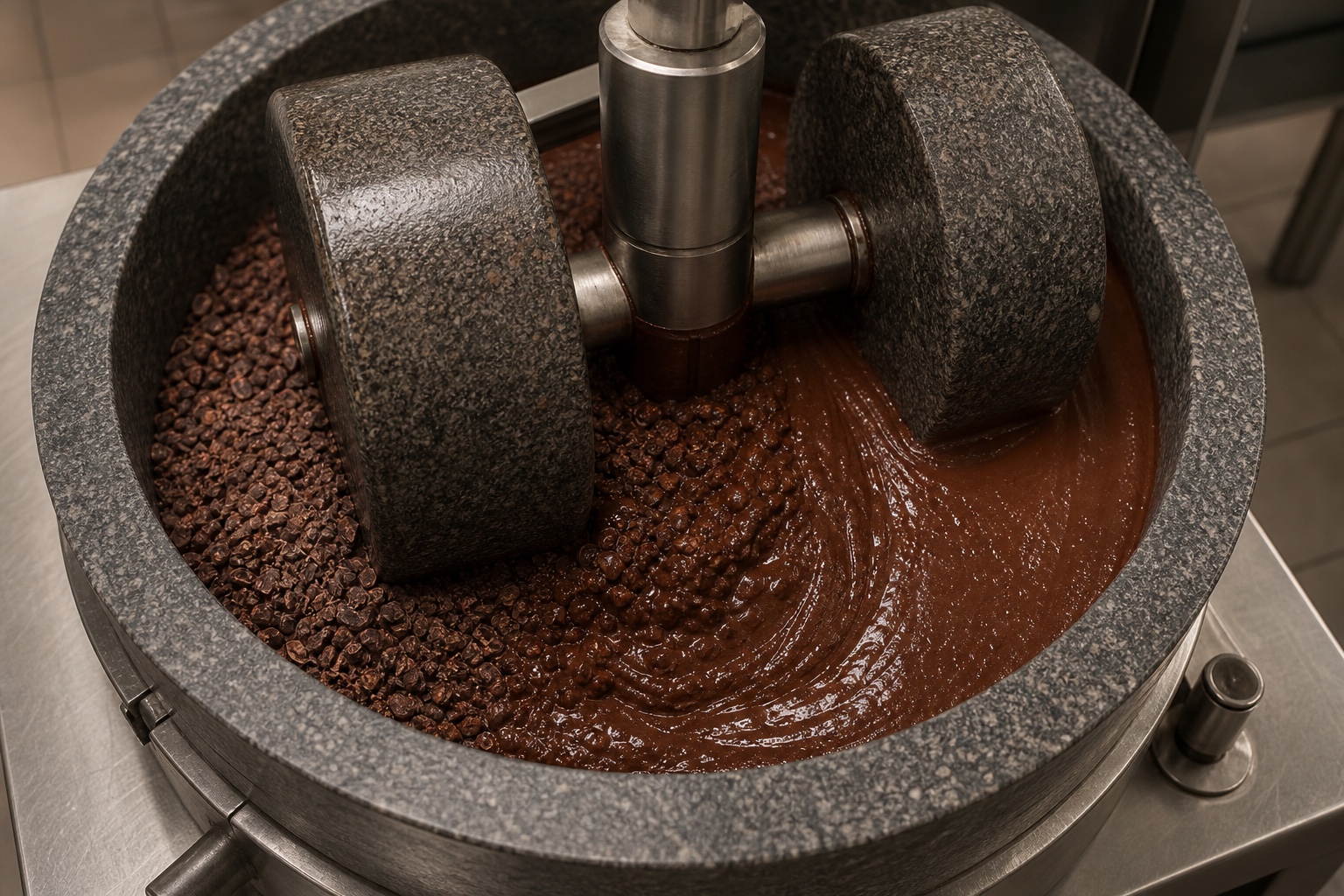 Granite wheels grinding dry cacao nibs into glossy flowing cocoa liquor