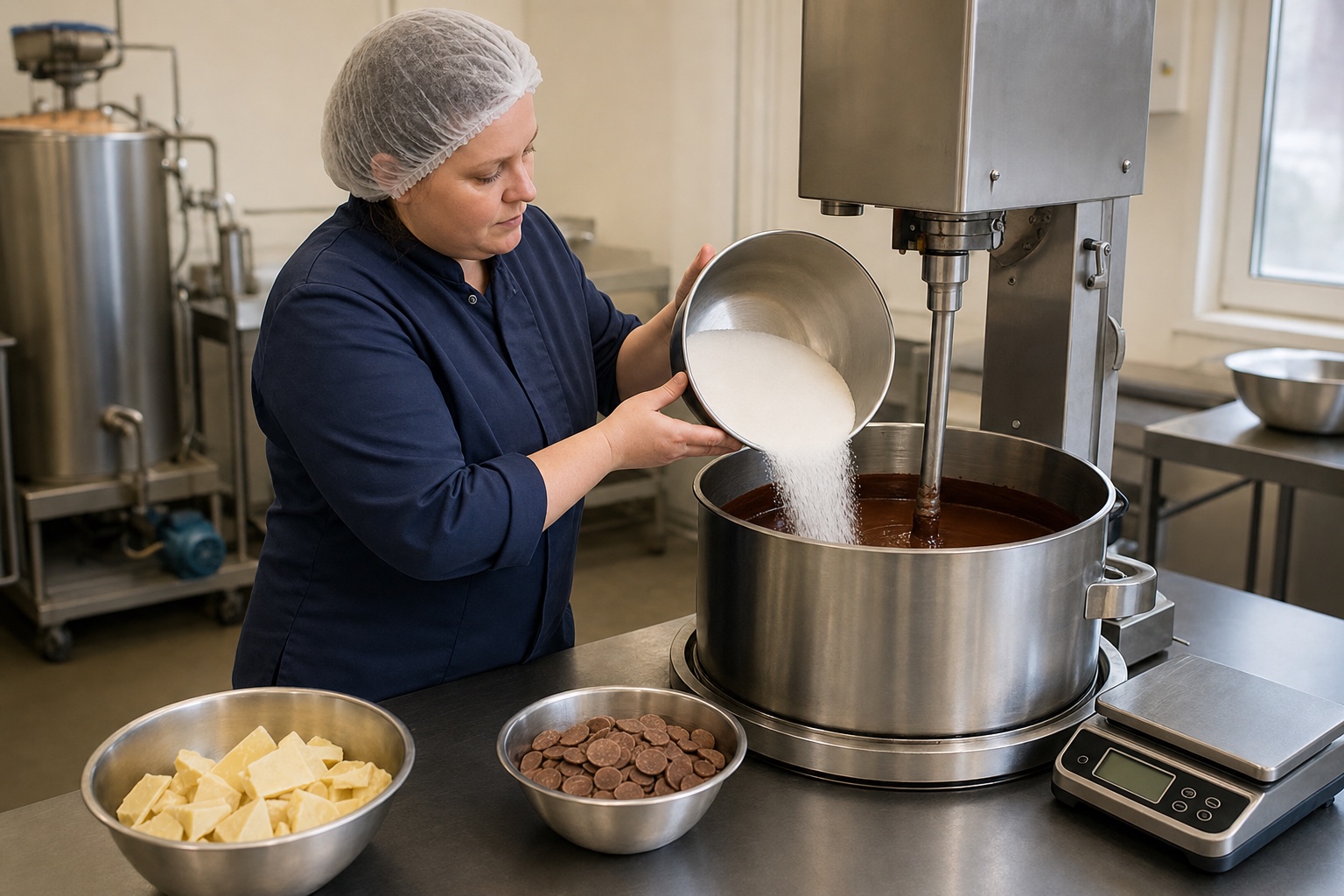 Adult white woman chocolate maker adding weighed sugar to cocoa liquor during formulation