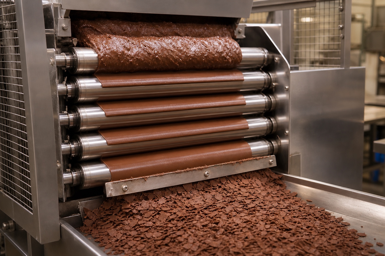 Chocolate paste passing across five steel rolls and emerging as fine flakes