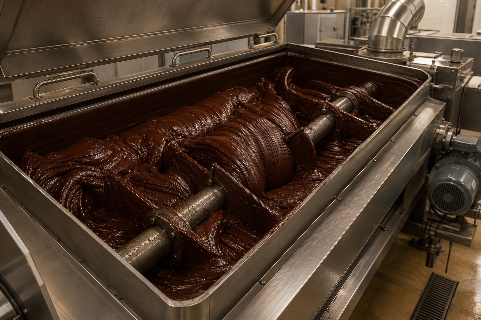 A heated conche folding thick chocolate with broad plow-style mixing shafts