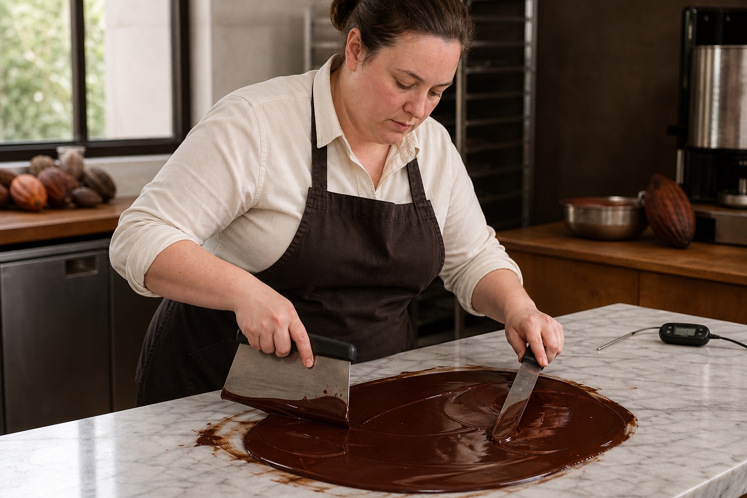Adult white woman chocolatier tabling dark chocolate on marble while checking its temperature