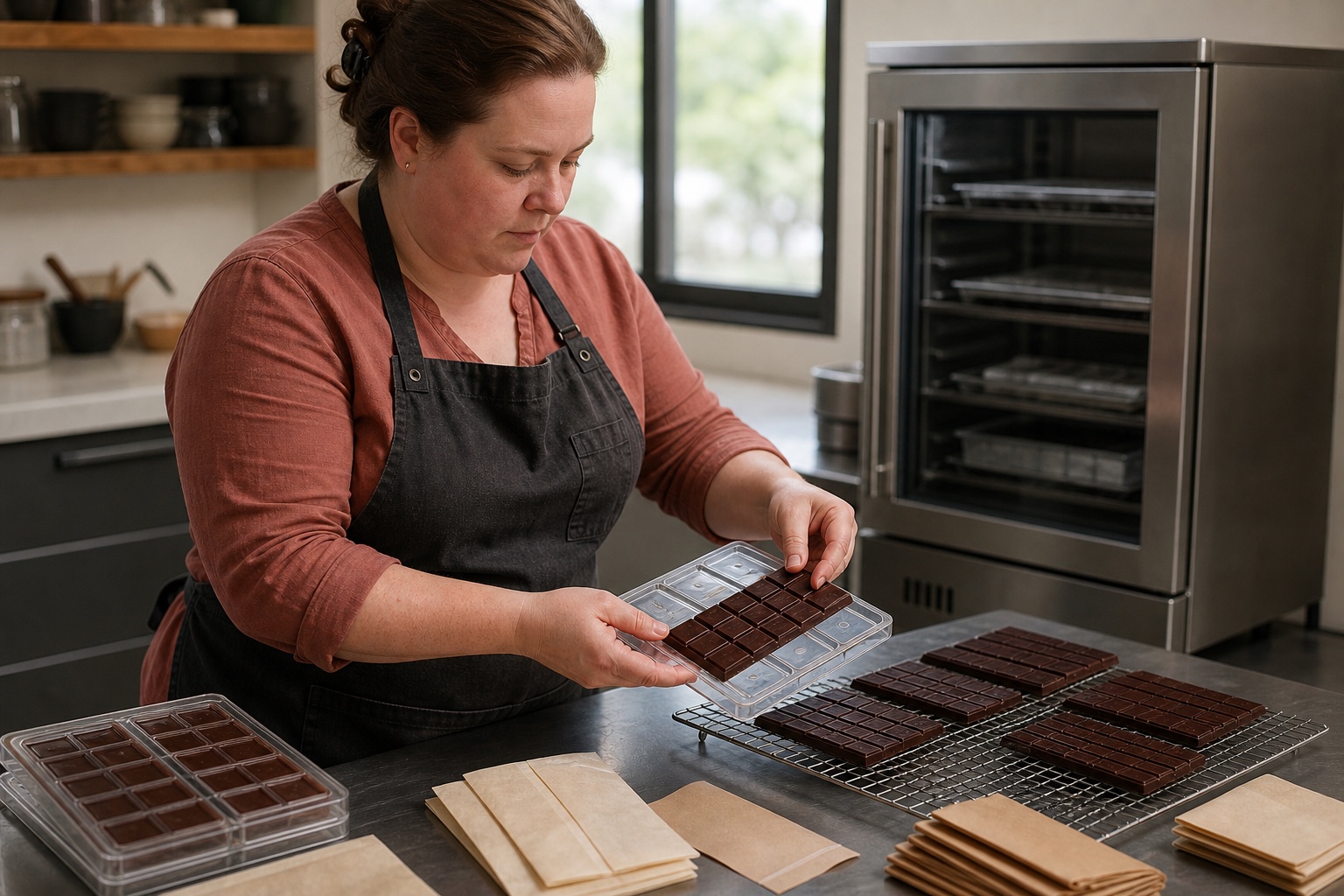 Adult white woman chocolatier releasing glossy bars from polycarbonate molds beside a cooling cabinet