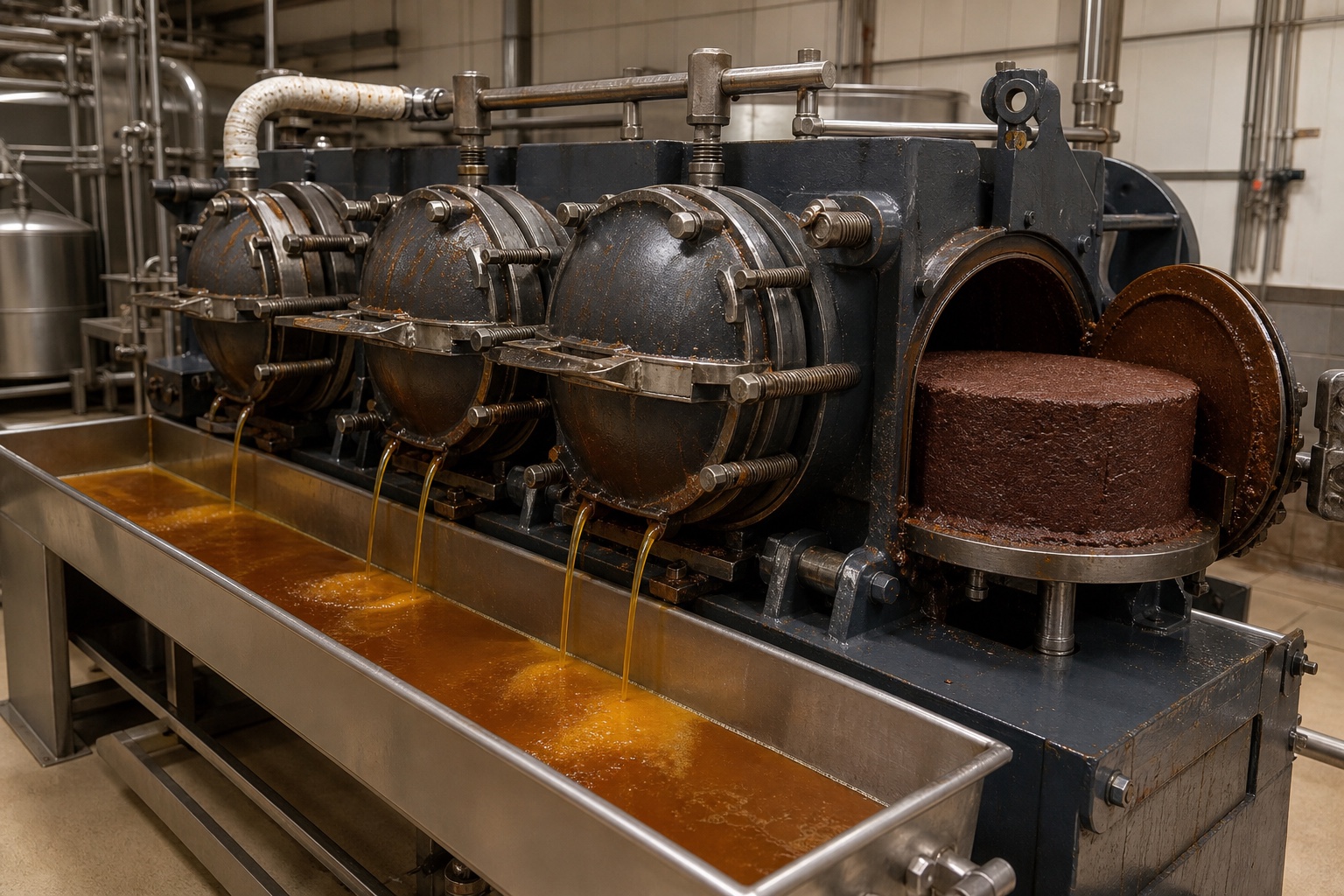Hydraulic cocoa press separating golden cocoa butter from compact press cake
