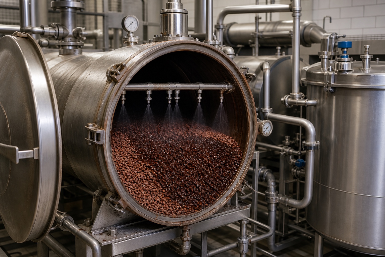 Food-grade reactor applying a measured alkaline spray to cocoa material
