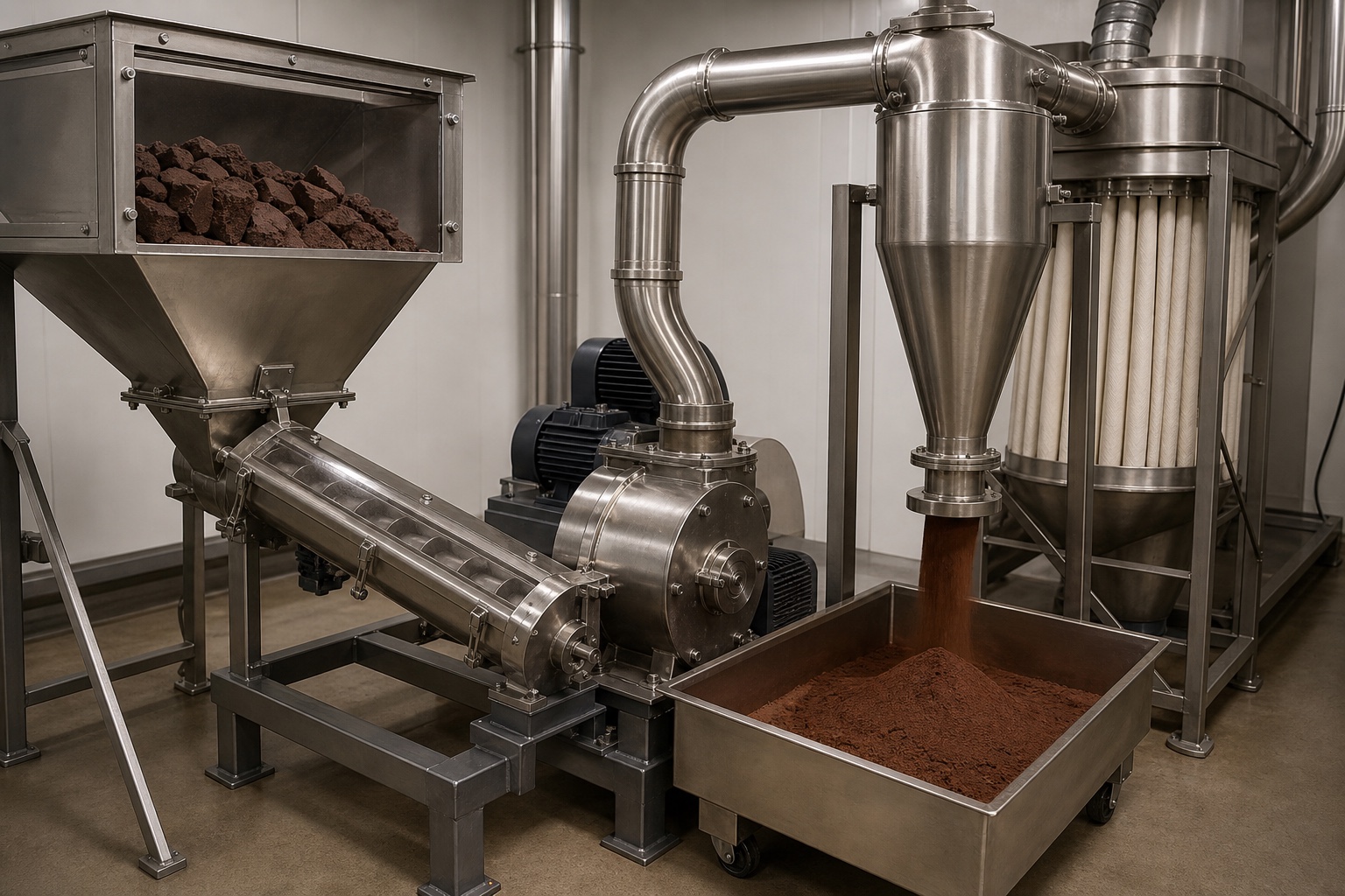 Cocoa press cake entering an enclosed mill and emerging as fine cocoa powder