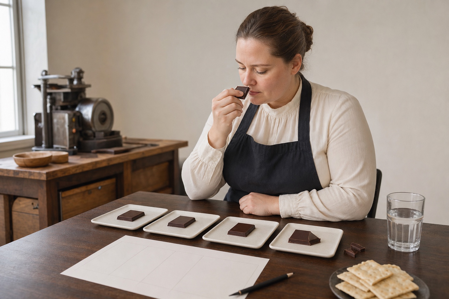 Adult white woman evaluator smelling a chocolate sample beside a controlled tasting flight
